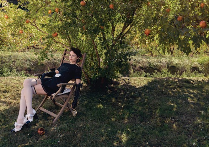 person sitting grass plant fruit produce apple vegetation chair tree