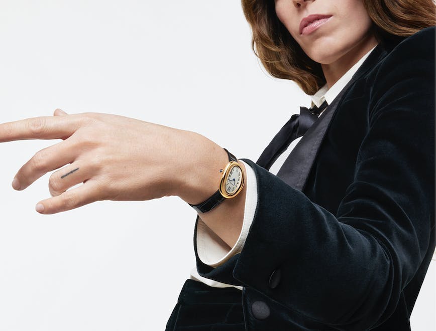 finger person formal wear suit long sleeve coat tie adult female woman