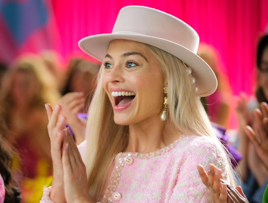 margot robbie-barbie adult female person woman head face happy hat applause smile